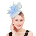 Small Light Blue Pillbox Fascinator With Sinamay Panel And Feather Flower For Wedding Church Party